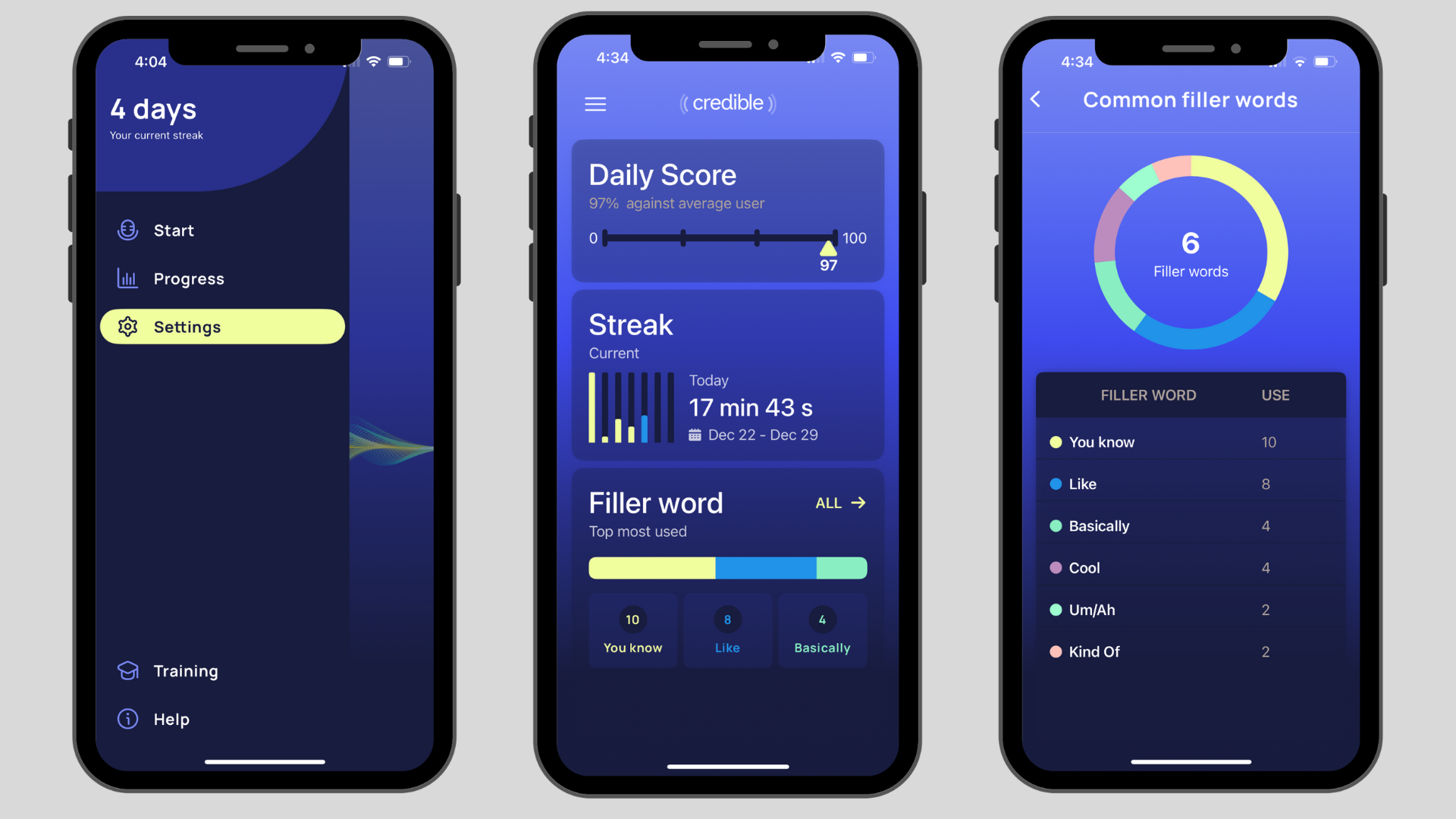 Credible App Filler Word Progress and Streak Tracking